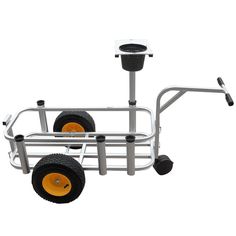 a white cart with wheels and two black tires on it's side, against a white background