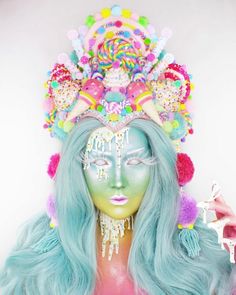 Fantasy Hair And Makeup, Candy Fairy Costume Diy, Candy Theme Makeup, Candy Headdress, Candy Clown Makeup, Candy Themed Makeup, Candy Headpiece, Candy Makeup Ideas, Candy Fairy Costume