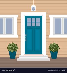 a blue front door sitting next to two potted plants