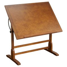 a wooden table with a metal handle on it's legs and a wood top