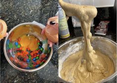 a person mixing some kind of food in a bowl with a mixer on top of it