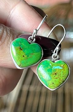 "Natural, Kingman, Green Mohave, hearts, Turquoise, earrings, set in 925 sterling silver bezel setting (open back). Ear wire closures. --Total drop length/width: 1.15\" x 0.70\" inches. --Stones: 14mm x 16mm, Heart-Shaped." Turquoise Heart Earrings, Vert Turquoise, Turquoise Heart, Green Turquoise, Ear Wire, Bezel Setting, Heart Earrings, Heart Shapes, Jewelry Earrings Dangle