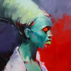 a painting of a woman with green hair