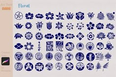 an assortment of blue and white flower designs on a white paper with the words art print flowers