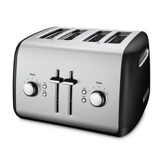 a black and silver toaster with four slices on it's side is shown