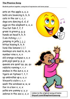 a girl singing into a microphone with an emoticive face above her head and the words,'the phonics song '