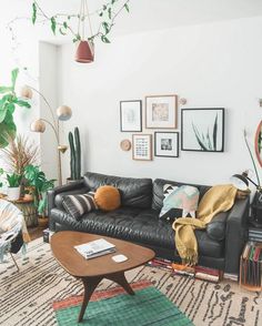 a living room with black leather couches and potted plants on the side wall