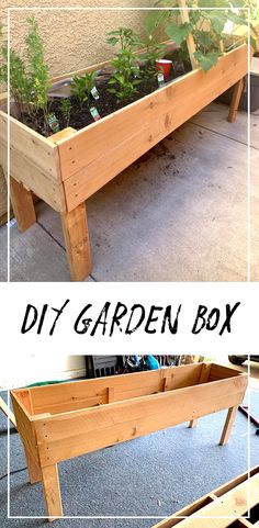 the diy garden box is made from wood and has plants growing in it,