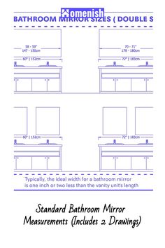 When it comes to bathroom design, the mirror you choose plays a significant role in the room's overall feel. Knowing the standard sizes for bathroom mirrors can help you create a balanced look. This article offers insight into the common dimensions, complete with two drawings that demonstrate how these mirrors can complement different bathroom styles and sizes. Mirror Size Guide For Vanity Master Bath, Measuring For Bathroom Mirror, Large Bathroom Mirror Ideas Double Sinks, Vanity Mirror Height, Mirror Height Over Vanity, How Big Should A Mirror Be Over A Bathroom Vanity, Mirror Placement In Bathroom