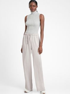 Wide-Leg Satin Pull-On Pant | Banana Republic Lauren Bacall, Petite Shorts, Crepe Fabric, Pull On Pants, Dressed Down, High Waisted Pants, Plastic Bottles, Custom Fit, Banana Republic