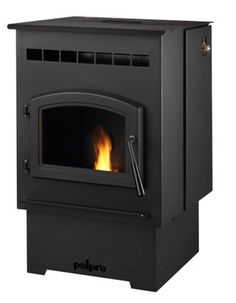 a black stove with the door open and fire burning in it's side burner