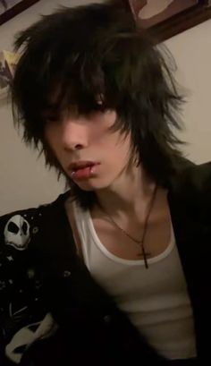 Long Black Hair On Men, Long Haired Emo Guys, Black And Blonde Mens Hair, Emo Guy Haircut, Layered Hair Men Medium, Short Emo Hair Men, Y2k Haircuts Men, Male Goth Hairstyles, Emo Boy Face Claims