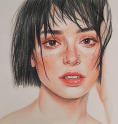 a drawing of a woman's face with black hair