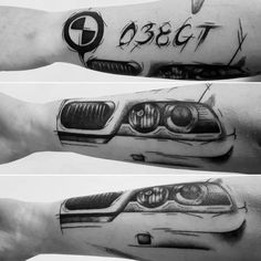 three different views of a car on the left arm and right arm, both with black ink