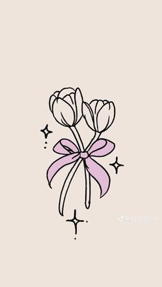 a drawing of three flowers with a pink bow on it's end and stars around them