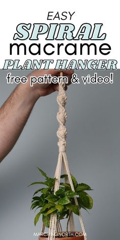 a plant hanging from a rope with the text easy spiral macrame plant hanger free pattern and video