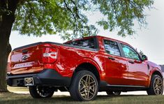 a red pick up truck parked under a tree