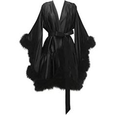 Black Feather Robe, Black Bridal Robe, Black Robe Silk, Gothic Sleepwear, Hr Outfits, Dramatic Robe, Henrietta Biggle, Robe With Fur, Satin Night Robe