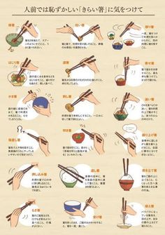 the instructions for how to use chopsticks in japanese cuisine, including rice and vegetables