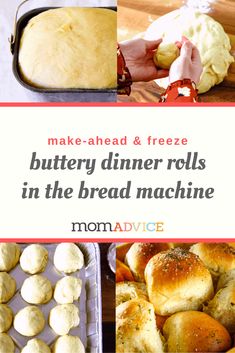 the recipe for homemade buttery dinner rolls in the bread machine is shown with text overlay