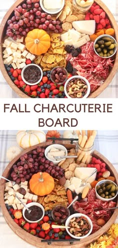 large round fall charcuterie board featuring cured meats, fruit, crackers, cheese, nuts and pickles. Fall Charcuterie Board Ideas, Family Gathering Food, Holiday Party Appetizers, Fall Dinner Party, Trader Joe's Products, Healthy Holiday Recipes