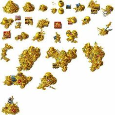 a bunch of gold objects that are all over the place