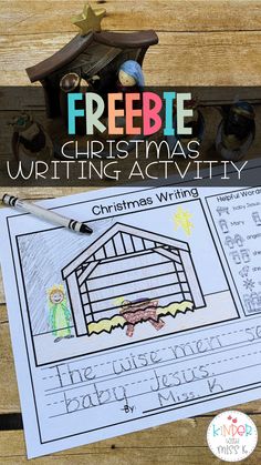 a christmas writing activity with the words freebie on it and an image of a nativity