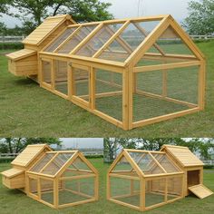 two pictures of the inside and outside of a chicken coop with windows on each side