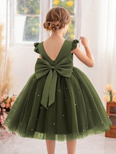 Young Girl Cap Sleeve Tulle Party Princess Dress, Suitable For Kid's Birthday, Valentine's Day, Prom, Casual Daily, Musical Instrument Performance, Stage Performance, Holiday Celebration Army Green Cute  Sleeveless Fabric Plain Fit and Flare Non-Stretch All Young Girls Clothing, size features are:Bust: ,Length: ,Sleeve Length: Pageant Gowns Kids, Green Princess Dress, Mesh Party Dress, Tulle Party Dress, Party Frocks, Green Cute, Princess Dress Up, Princess Gown, Party Dance