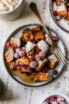 cranberry french toast on a plate with powdered sugar