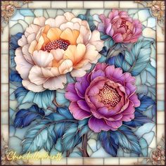 a painting of three large flowers on a mosaic tile background with blue, pink and yellow leaves