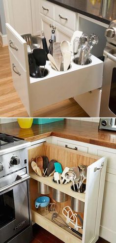 two pictures side by side with the same kitchen drawer open and one has utensils in it