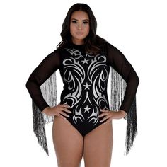 You're the sassiest cowgirl at the rodeo or Halloween costume party in this bodysuit for adults! The one-piece costume has a solid sleeveless black body with metallic silver detailing. The long sleeves are sheer with super-long metallic black fringe along each arm. pbGlitter Cowgirl Glam Plus Size Bodysuit product details:-b-p ul liSolid black bodysuit with glitter details-li liSheer sleeves-li liMetallic fringe on long sleeves-li liPolyester and spandex-li liDoes not hat or boots-li liReview size chart for sizing information-li -ul pbCare Instructions:-b-p ul liHand wash cold with like colors-li liLine dry-li liDo not bleach or iron-li -ul Denim Cowgirl Outfit, Denim Cowgirl, Cowgirl Costume, Black Fringe, Halloween Party Costumes, Cowgirl Outfits, Sheer Sleeves, Black Bodysuit, Costume Party