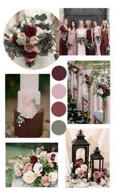 wedding color palettes with burgundy and white flowers, greenery and candles for the bride's bouquet