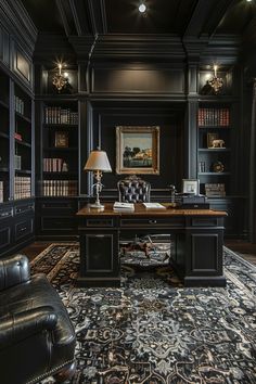 an elegant home office with black walls and carpet