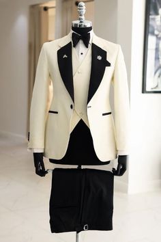 Barret Fancy White Notched Lapel Three Pieces Wedding Suits Black Tuxedo Wedding, Imessage Text, Wedding Suits Men Black, Bow Tie Pants, Green Wedding Suit, Cream Suit, Pant Trouser, Black And White Suit, African Wear Styles For Men