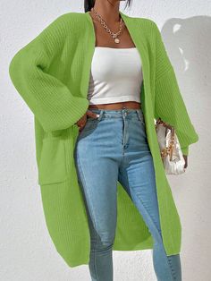 Dual Pocket Drop Shoulder Duster Cardigan,Long Sleeve Tops Green Casual  Long Sleeve Fabric Plain  Medium Stretch Fall/Winter Women Clothing, size features are:Bust: ,Length: ,Sleeve Length: Award Dresses, Áo Len Cardigan, Gilet Long, Jeans Outfits, Green Cardigan, Duster Cardigan, Cardigan Outfits, Cardigan Long, Bodycon Dress Parties