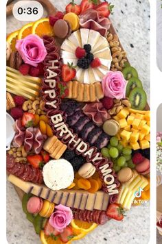 two pictures with different types of food on them and one has a happy birthday cake