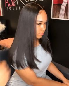 Medium Length Sew In, Mid Length Hair Black Women, Middle Part Shoulder Length Hair, Middle Part Long Bob, Straight Sew In Weave With Leave Out, 16 Inch Sew In Weave, Long Bob Black Women, Long Bob Sew In, Sew In Straight Hair