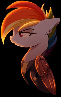 an animated pony with orange and yellow hair on it's head, standing in front of a black background