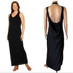 Fabrication: Slub Knit Features: Maxi Style, Sleeveless, V-Neck, Draped Back, Side Slit Details, Double Lining Fit: Fitted; Cut To Follow The Lines Of The Body Length: Missy Length 53-1/2" To 55-5/8"; Plus Length 54" To 55-3/4" Content: Shell/Lining 54% Rayon/36% Cotton/10% Linen Care: Machine Wash, Tumble Dry Tee Shirt Fashion, Beautiful Maxi Dresses, Knit Maxi Dress, Maxi Dress Black, Maxi Jersey Dress, Maxi Styles, Tee Shirt Dress, Maxi Knit Dress, White Maxi