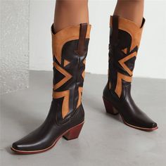 Shop Black Color Block Square Toe Cowboy Boots Fashion Knee High Boots color Black for Going out, Honeymoon, Music Festival, Night Club, Work with worldwide Free shipping & Free return. Cowboy Boots Fashion, Womens Knee Boots, Concert Date, Square Toe Cowboy Boots, Cowboy Shoes, Rider Boots, Platform Stilettos, Womens Summer Shoes, Chunky High Heels