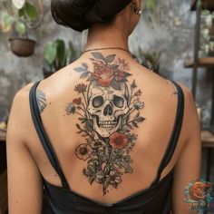 a woman with a skull and flowers tattoo on her upper back, behind her is a black dress