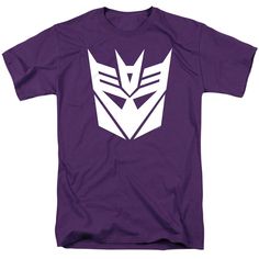 a purple t - shirt with an image of a white transformer