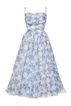 Delicate spaghetti strap dress in a pastel blue floral print. Features a flared midi puffy skirt and a fitted ruched bodice with lace on the back. Material: Organza with a print Fabric composition: 100% polyester Skirt length from waist: 30.7 inches Dress weight: 1.1 lbs Neckline: Square neckline Back: Lace-up closure Lining: Long ivory underskirt Model is 5'10" / 31.5-24-35.5, wearing size S Machine wash up to 86ºF gentle cycle Do not bleach Iron up to 230ºF Dry cleaning allowed Do not tumble d Summer Dress With Voluminous Skirt And Sweetheart Neckline, Light Blue A-line Midi Dress With Floral Print, Summer Floral Print Dresses With Voluminous Skirt, Blue Floral Print Dress With Full Skirt, Blue Midi Dress With Spaghetti Straps For Garden Party, Blue Spaghetti Strap Midi Dress For Garden Party, Spring Floral Print Dress With Voluminous Skirt, Blue Tea-length Spring Dress, Summer Cocktail Midi Dress With Flowy Skirt