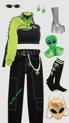 Alien Punk #aesthetic #greenaesthetic #pinterest #alien #aliens #alienaesthetic #punk #punkaesthetic #alienpunk #outfit #outfitinspo Robot Aesthetic Outfit, Electric Outfit Aesthetic, Alien Inspo Outfit, Rave Punk Outfits, Aliencore Fashion, Raver Outfits Ideas, Alien Core Aesthetic Outfits, Robotcore Outfits, Neon Y2k Outfits