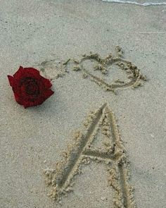 a red rose sitting in the sand next to an i love you written in the sand