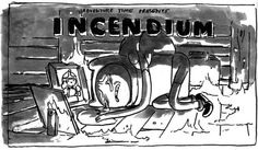 an ink drawing of a man sitting on top of a chair in front of a sign that reads incenduum