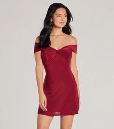 Elevate any casual day in this off-the-shoulder mini dress! This stunning dress features a twisted bust accent for a trendy touch, an A-line silhouette, and a mini-length hem that creates a flattering fit on the smooth knit-lined fabric. Complete the look with luxe earrings for a dinner party!Fit & FeaturesSmooth knit lined fabric, moderate stretchOff-the-shoulder necklineA-line silhouetteRuns true to size Earrings For Off Shoulder Dress, Off The Shoulder Dress Hoco, Dark Red Hoco Dress, Dark Red Mini Dress, Red Hoco Dress, Luxe Earrings, Red Hoco, Spooky Szn, Party Fits