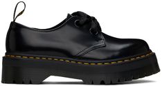 Polished leather derbys in black. Alternate satin ribbon laces included. · Lace-up closure · Logo-woven pull-loop at heel collar · Suede lining · Yellow topstitching at heat-sealed Goodyear welt · Treaded Air Cushion rubber platform sole · Platform: H1.25 Supplier color: Black buttero Dr Martens Holly, Ribbon Laces, Dr Martens Black, Platform Loafers, Black Platform, Shoe Closet, Goodyear Welt, Derby Shoes, Black Flats